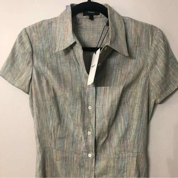 Theory Short Sleeve Button Down Striped Linen Dress Size 0 NWT - Picture 3 of 14